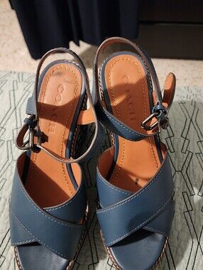 Coach Navy Leather Crisscross Ankle Strap Wedge Sandals